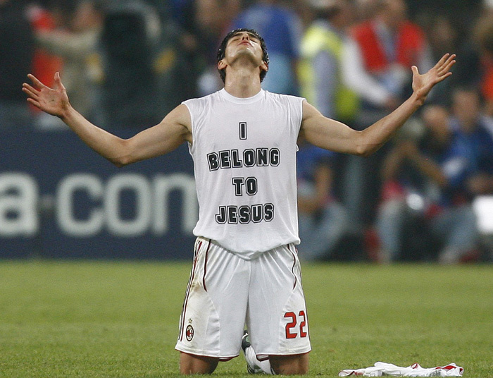 Soccer star Kaka falls to his knees after winning the Champions League final soccer match playing for AC Milan against Liverpool in Athens May 23, 2007.