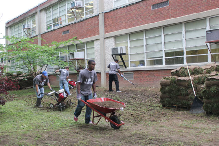 Some 75 Generation Hope Project volunteers lay sod and plant flowers for the underserved Amidon-Bowen Elementary School on Thursday, April 26, 2012. Generation Hope Project is an outreach of Joel Osteen Ministries. Some 400 Generation Hope Project volunteers, from across the country, are in D.C. to serve the community, leading up to the massive America's Night of Hope event on Saturday, April 28.