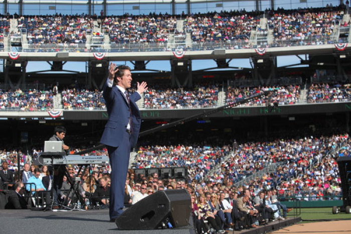Joel Osteen delivers a message to tens of thousands of people at the Nationals Park baseball stadium for the Night of Hope event on April, 29, 2012, in Washington, D.C.