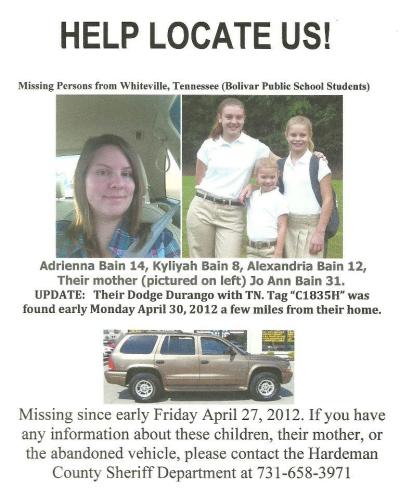 A flyer announcing the missing Bain family.