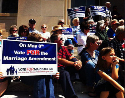 Supporters of a marriage amendment that would make marriage between one man and one woman the only valid legal union attend the Halifax Marriage Rally, Raleigh N.C., April 20, 2012.