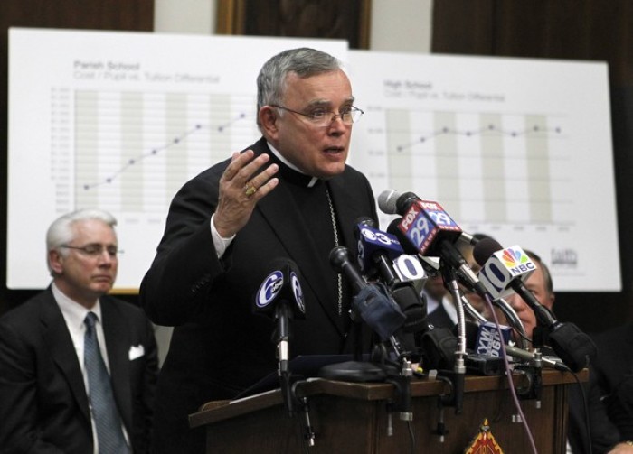 Archbishop of the Diocese of Philadelphia Charles J. Chaput makes remarks during a news conference to announce the closing of 48 diocesan schools at the diocese headquarters in Philadelphia, Pennsylvania January 6, 2012.