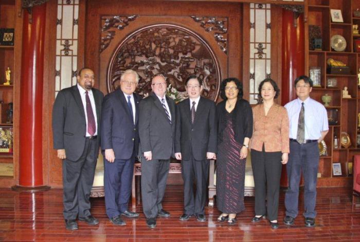 A delegation from the World Evangelical Alliance (WEA)and the China Christina Council (CCC) is seen posing to a photo with Wang Zuo'an, director of State Administration for Religious Affairs (SARA) and two other officials in Beijing, China on May 10, 2012. (From left: Rev. Godfrey Yogarajah, Dr. Brian Stiller, Dr. Geoff Tunnicliffe, Wang Zuo'an, Guo Wei, Ma Yu Hong, Rev. Kan Bao Ping).
