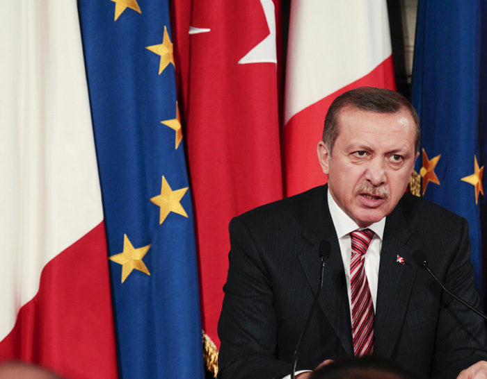 Turkish Prime Minister Recep Tayyip Erdogan speaks during a news conference in Rome in this May 8, 2012 file photo.