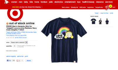Target sells 'Pride' shirts. The retailer donated 100 percent of the purchase price for each Pride item sold between May 20, 2012 and June 30, 2012 to Family Equality Council, up to a maximum donation of $120,000.