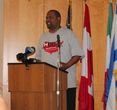 Pastor Corey Brooks speaks June 5, 2012, at the United Synagogue of Conservative Judaism about 'Project Hood Walk Across America to End Violence.'