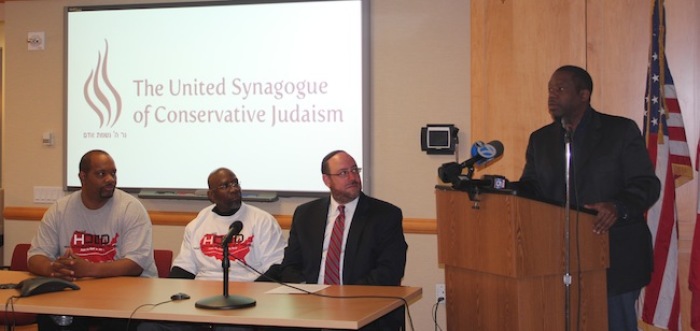 Pastor Corey Brooks (left) on Tuesday at The United Synagogue of Conservative Judaism with Dr. Robert Waterman of the Antioch Baptist Church, Rabbi Steven Wernick, and Bishop Eric Garnes of Tabernacle of Praise, Brooklyn.