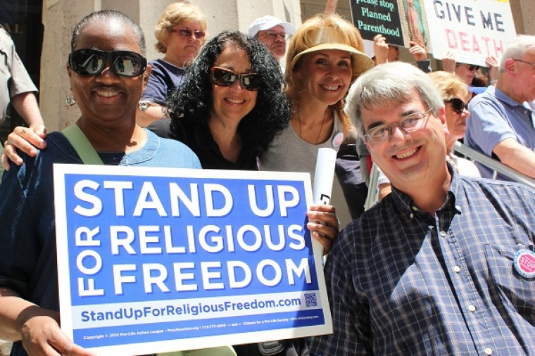 Protesters at the Stand Up for Religious Freedom rally, held in New York City on June 8, 2012 to protest President Barack Obama's Affordable Care Act.