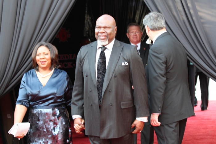 Bishop T.D. Jakes and his wife, Serita Jakes, arrive on the red carpet on their way to the preacher's 35th Anniversary Celebration at the AT&T Winspear Opera House in Dallas.