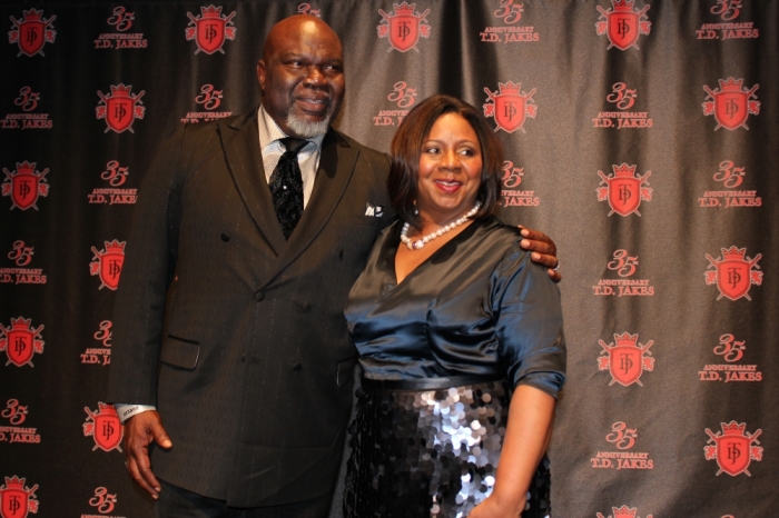 Bishop T.D. Jakes and his wife, Serita, pose for a family photo during his 35th Anniversary Celebration at the AT&T Performing Arts Center/Winspear Opera House on June 8, 2012, in Dallas, Texas. The event also marked the couple's 30th wedding anniversary.