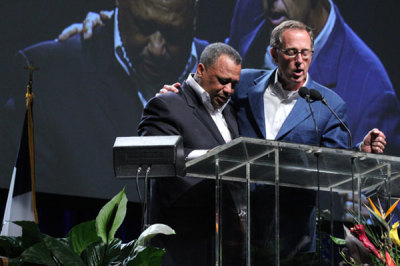 Bryant Wright prays for Fred Luter after his election as the first African-American president of the Southern Baptist Convention, June 19, 2012.