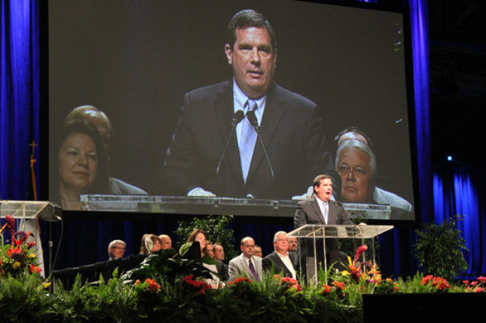 Thom Rainer, president and CEO of LifeWay Christian Resources, delivers a report at the Southern Baptist Convention's Annual Meeting in New Orleans, Tuesday, June 19, 2012.