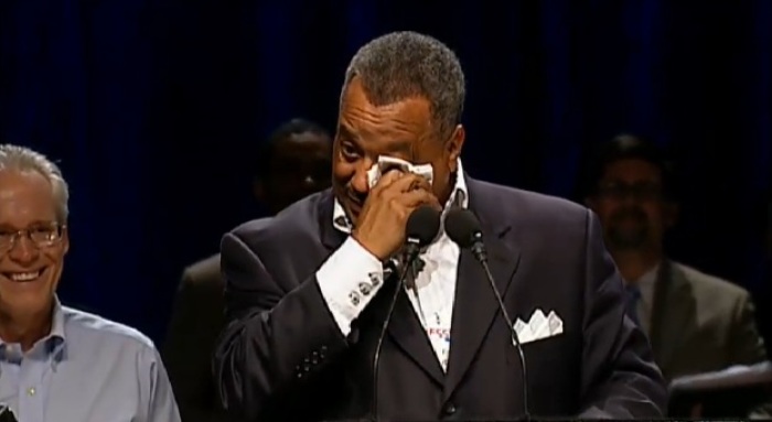 Fred Luter Jr. wipes away tears as he accepts his election as president of the Southern Baptist Convention.