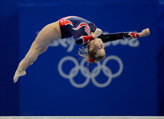 Shawn Johnson of the U.S. performs her routine in the gymnastics women's beam final at the Beijing 2008 Olympic Games August 19, 2008.