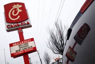A sign is seen before Republican presidential candidate and former House Speaker Newt Gingrich visits a Chick-fil-A in Anderson, South Carolina January 21, 2012.