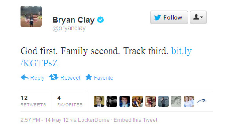 Track and field star Bryan Clay tweets about his priorities.