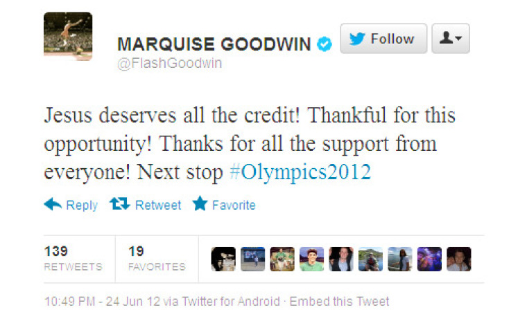 Twenty-one-year-old Marquise Goodwin gave God the glory for the opportunity to participate in the 2012 Summer Games.