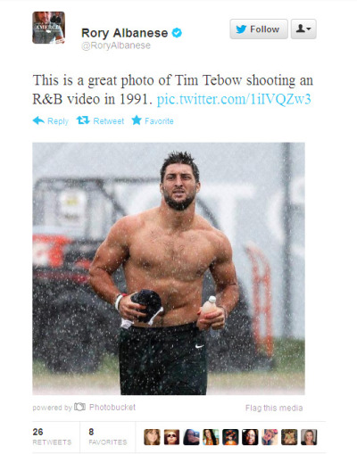 Rory Albanese, executive producer for the 'Daily Show,' tweeted an image of New York Jets' Tim Tebow running shirtless after a practice. Albanese wrote: 'This is a great photo of Tim Tebow shooting an R&B video in 1991.'