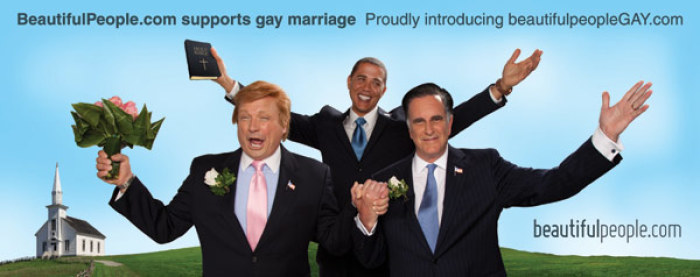 Beautifulpeople.com censored billboards depicting GOP presidential candidate Mitt Romney and billionaire Donald Trump being married by U.S. President Barack Obama.