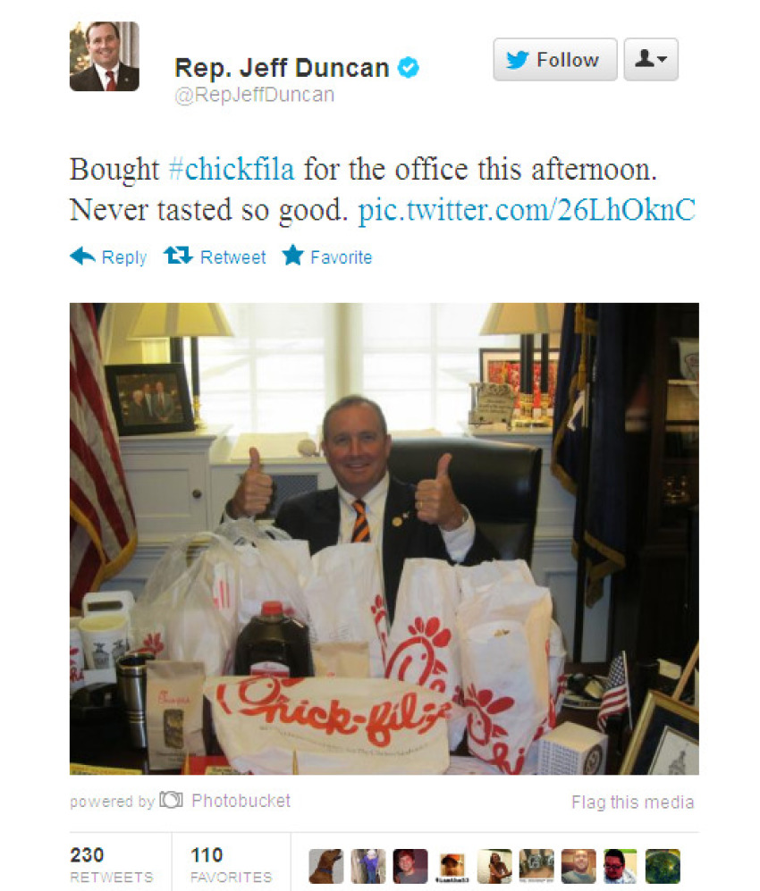 Rep. Jeff Duncan ?(@RepJeffDuncan), a Christian and South Carolina congressman, tweeted Aug. 1, 2012: "Bought #chickfila for the office this afternoon. Never tasted so good."