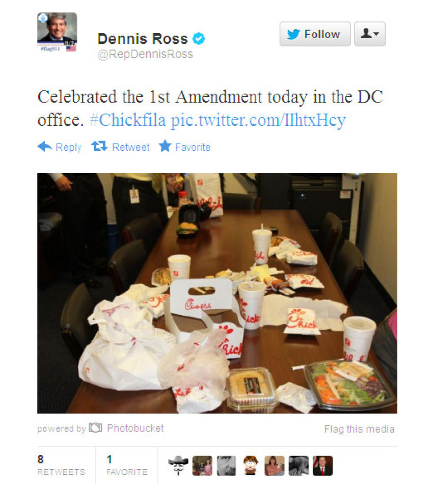 Florida Congressman Rep. Dennis Ross(@RepDennisRoss) tweeted Aug. 1, 2012: "Celebrated the 1st Amendment today in the DC office."