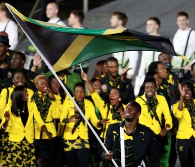 Team Jamaica is seen during the Parade of Nations in the Opening Ceremony of the 2012 Olympics in London, July 27, 2012.