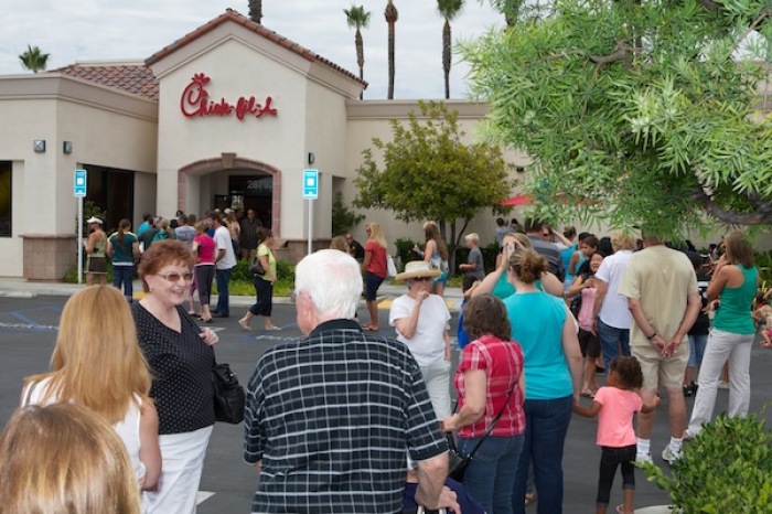 Long line of people waiting to eat at Chick-fil-A in Foothill Ranch, California, on Wednesday's 'Chick-fil-A Appreciation Day' on August 1, 2012.