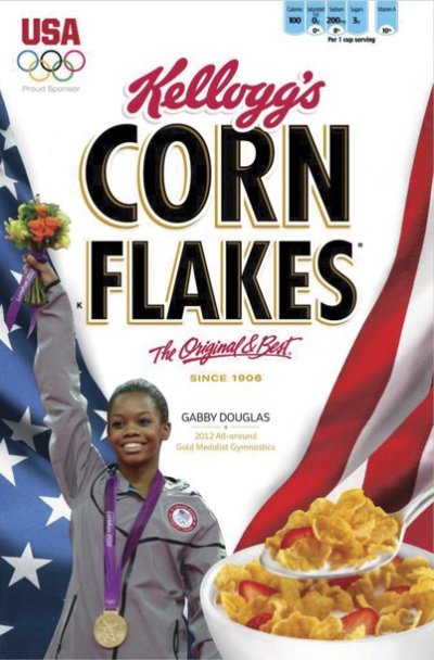 Gabby Douglas, Women's Gymnastics All-Around Champion is featured on Kellogg's(R) Corn Flakes(R) cover in this image released on August 3, 2012.