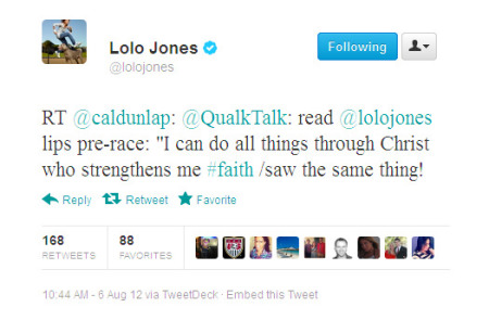 Olympics hurdler Lolo Jones, of Team USA, retweeted an observation made by fans on Twitter that she had quoted Philippians 4:13 during the Women's 100M Hurdles on Monday, Aug. 6, 2012.