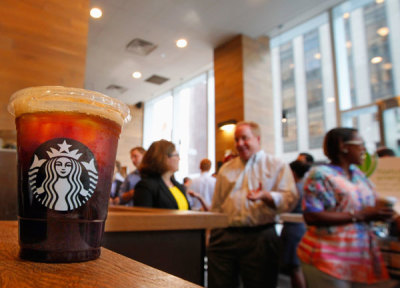 An iced coffee sits on a counter in a Starbucks outlet in New York July 25, 2012.