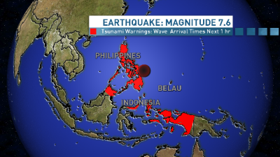 The CBC Weather Center in Canada published an image of the regions affected by a magnitude 7.6 earthquake that struck Aug. 31, 2012, in Indonesia.