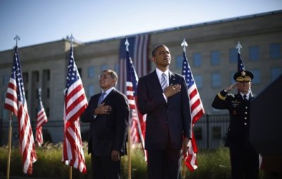 U.S. President Barack Obama (C), U.S. Secretary of Defense Leon Panetta (L) and Chairman of the Joint Chiefs of Staff Martin Dempsey attend an event commemorating the 11th anniversary of the September 11 attacks, at the site of the attack on the Pentagon near Washington, September 11, 2012.