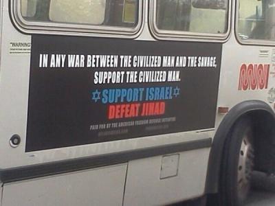 A controversial anti-Jihad ad posted by the American Freedom Defense Initiative on a San Francisco public MUNI bus.