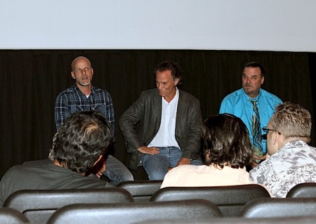Writer and director Kevin Miller appears with author Frank Schaeffer and "Preaching Peace" founder Michael Hardin during a Q&A session after a screening of "Hellbound?" at Cinema Village theater Sept. 22, 2012 in New York City.