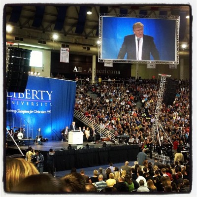 Real estate mogul Donald Trump speaks to a 100,000-member audience at the Liberty University Convocation on Sept. 24, 2012, in Virginia.