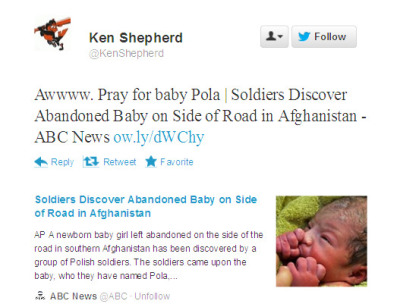 Ken Shepherd of Newsbusters re-tweeted Sept. 24, 2012, ABC News' link to a report on an abandoned baby found by Polish troops in Afghanistan.