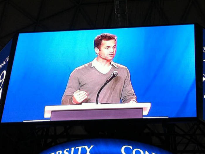 Actor Kirk Cameron is seen speaking at Liberty University's Convocation in Lynchburg, Va., on Oct. 5, 2012.