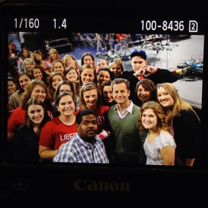 Kirk Cameron poses or a photo with Liberty University students Oct. 5, 2012.