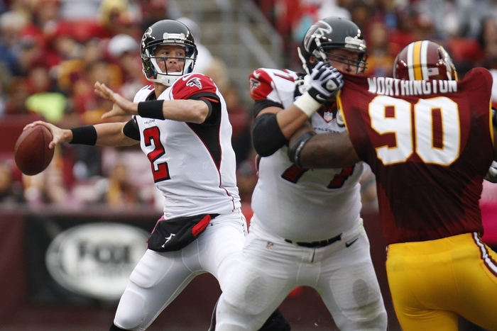 Atlanta Falcons quarterback Matt Ryan (2) passes against the Washington Redskins during the first half of their NFL football game in Landover, Maryland, October 7, 2012.