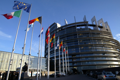 File picture shows European Union member states' flags flying in front of the building of the European Parliament in Strasbourg.