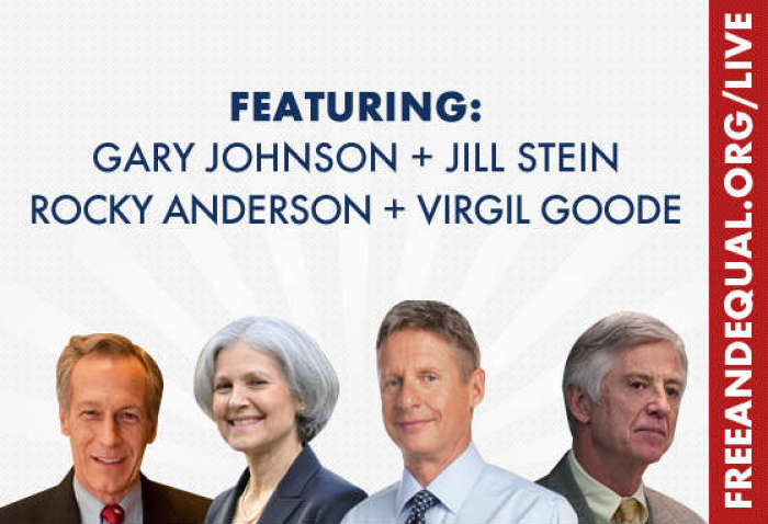 The Free and Equal Elections Foundation has organized Tuesday night's Third Party Debate featuring Libertarian Party candidate Gary Johnson, Green Party candidate Jill Stein, Constitution Party candidate Virgil Goode, and Justice Party candidate Rocky Anderson.