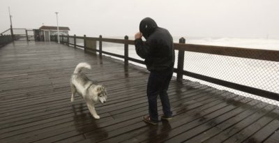 A man braces himself from Hurricane Sandy as he and his dog walk along the pier in Ocean City, Maryland October 28, 2012.