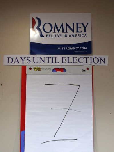 A sign showing the election is exactly one week away, hangs in a hallway at U.S. Republican presidential candidate Mitt Romney's headquarters in Lakewood, Colorado October 30, 2012.