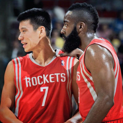 Jeremy Lin and James Harden check in during their game against the Detroit Pistons on Oct. 31, 2012.