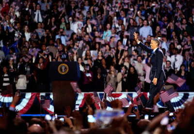 U.S. President Barack Obama celebrates after winning the U.S. presidential election in Chicago, Illinois, November 7, 2012.