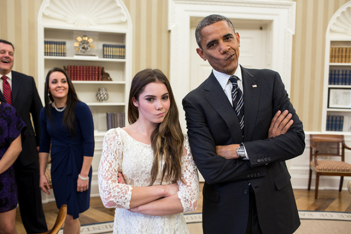 President Barack Obama jokingly mimics U.S. Olympic gymnast McKayla Maroney's 'not impressed' look while greeting members of the 2012 U.S. Olympic gymnastics teams in the Oval Office, Nov. 15, 2012. Steve Penny, USA Gymnastics President, and Savannah Vinsant laugh at left.