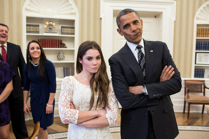 President Barack Obama jokingly mimics U.S. Olympic gymnast McKayla Maroney's
