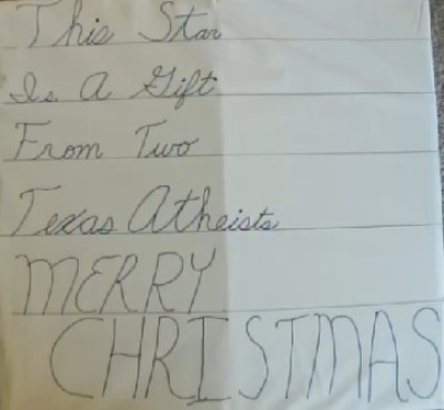 Atheist Patrick Greene and his wife donated a star and this sign to the Henderson County, Texas nativity display in 2012.