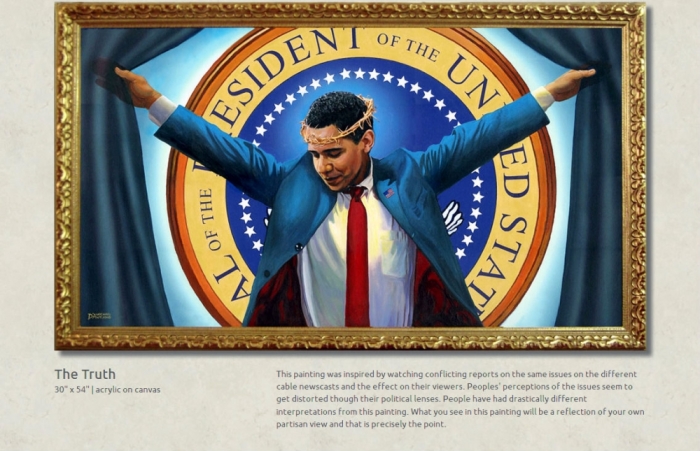 Artist Michael D'Antuono says his painting of President Barack Obama being crucified entitled 'The Truth' was inspired by watching conflicting reports on the same issues on the different cable newscasts and the effect on their viewers, according to his website.