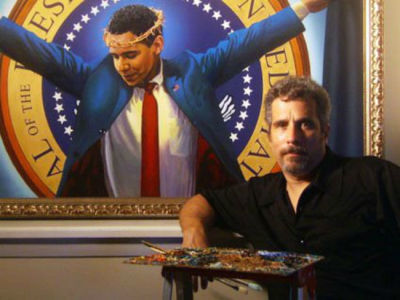 Artist Michael D'Antuono appears with his painting of President Barack Obama being crucified titled 'The Truth'.